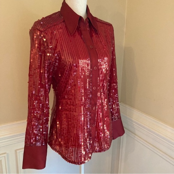 ZARA Red Sequin Long Sleeve Button Down Shirt NWT - Picture 11 of 14